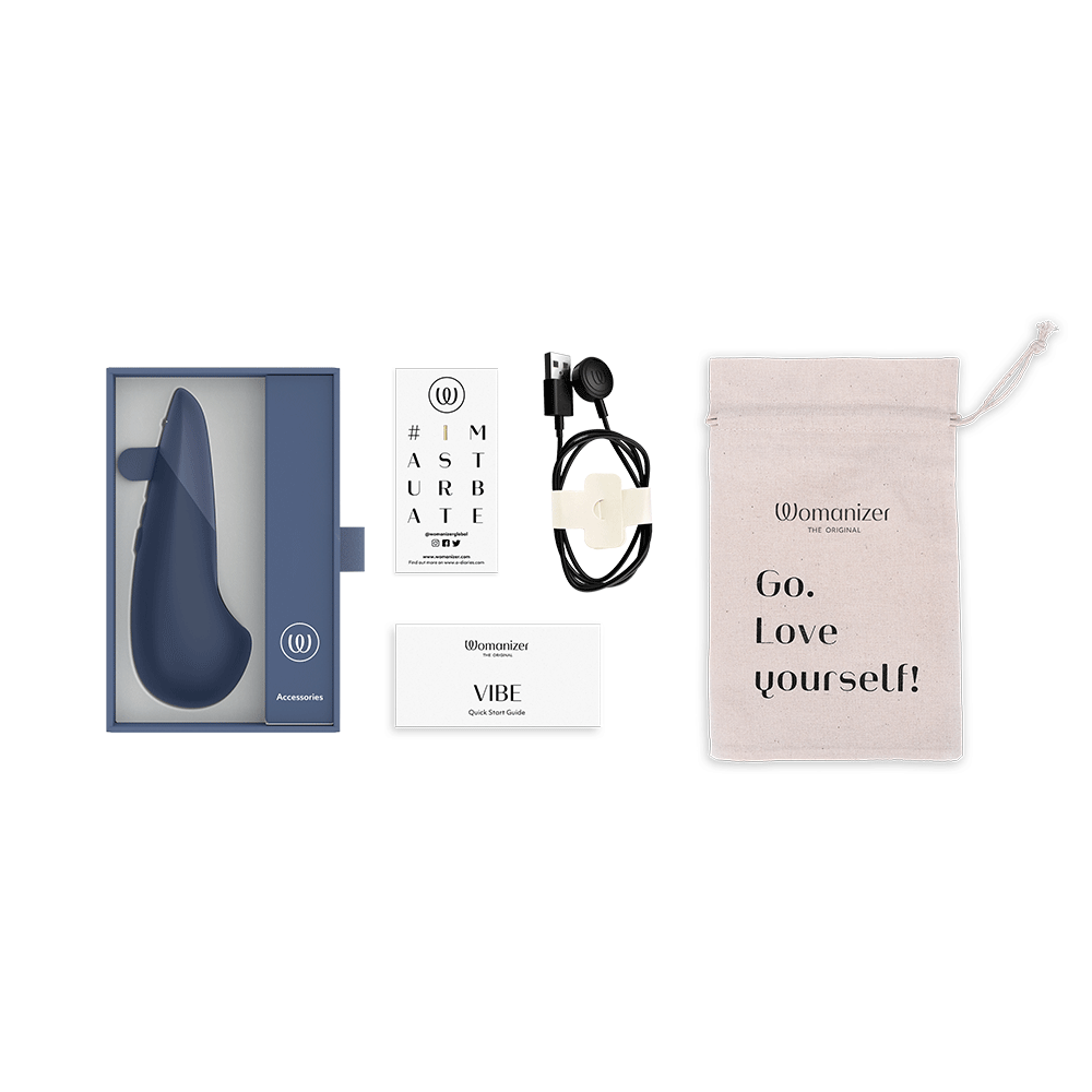 Womanizer Vibe Dark Blue Klitorisvibrator och tillbehör.