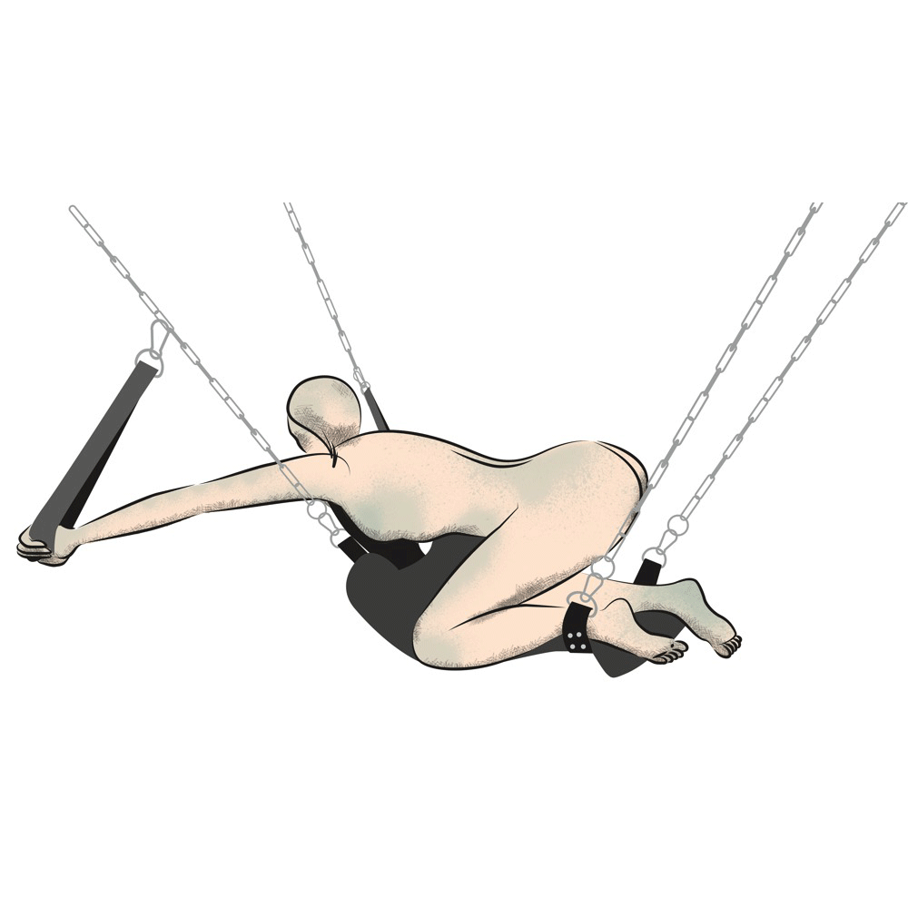 Illustration på en böjd kvinna på You2Toys Sex Swing mot vit bakgrund.